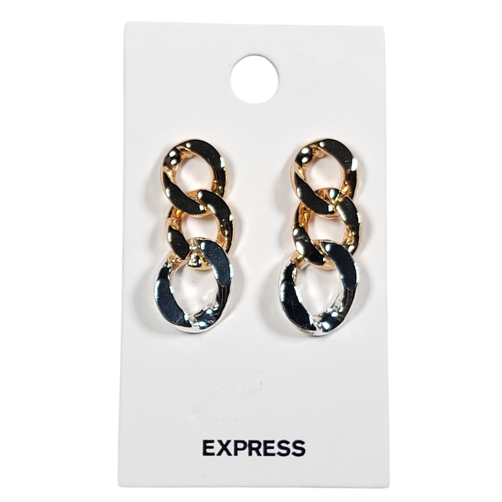 Express Mixed Metal Triple Link Drop Earrings Gold Silver Tone Modern Versatile